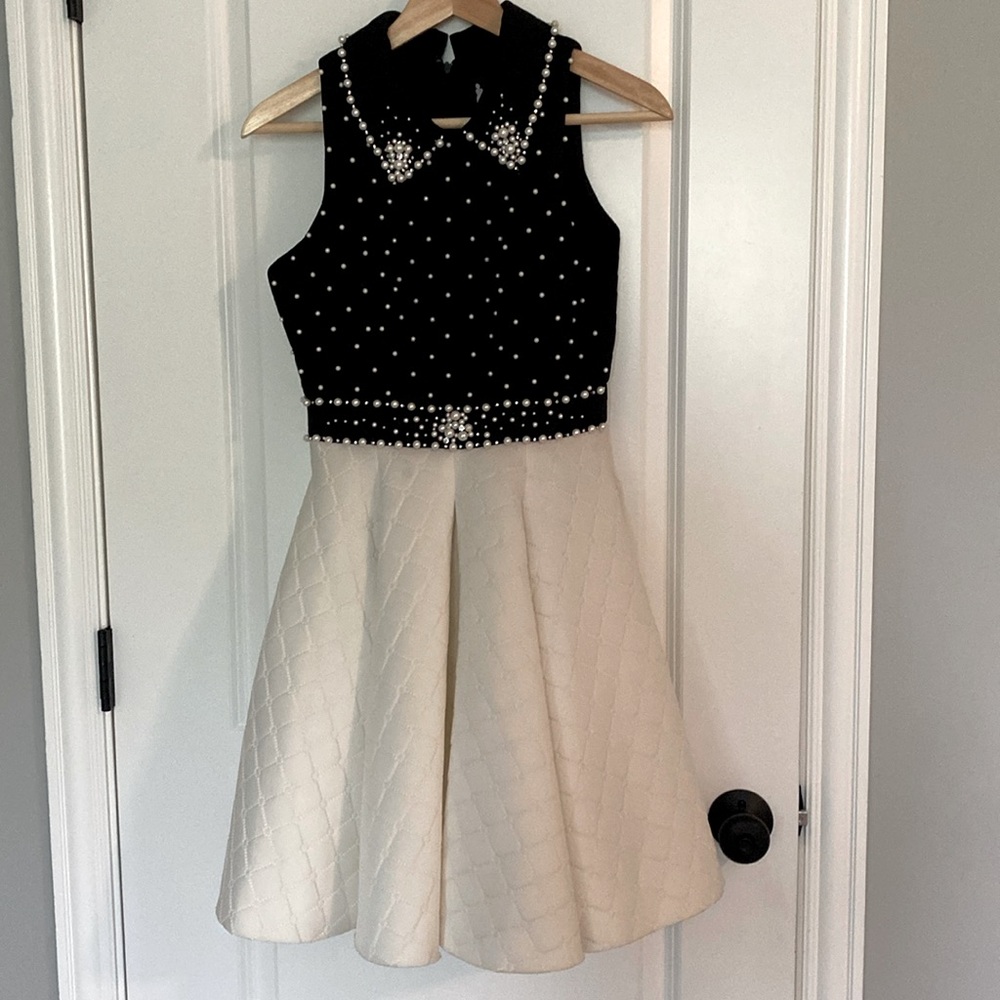 Mac Duggal formal black and white dress with Pearl collar and rhinestone detail